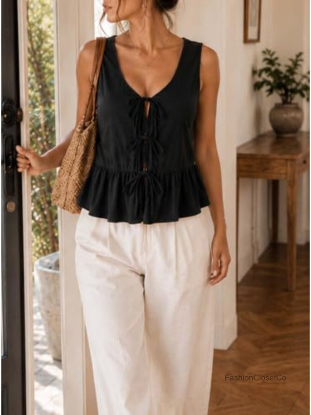 Striped Tie Front Peplum Tank Top Women Sleeveless Cotton - Picture 4 of 6